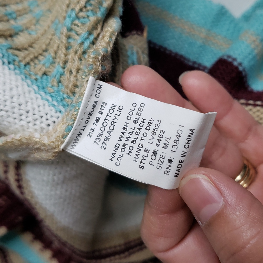 Love Cotton Knit Southwestern Asymmetric Long Line Open Front Cardigan Size M/L - Picture 9 of 14